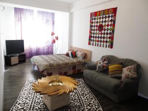 ein Wohnzimmer mit einem Sofa und einem Bett in der Unterkunft Studio boutique apartment in Bischkek