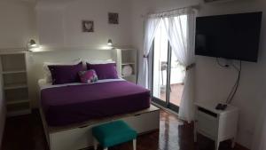 1 dormitorio con 1 cama de color púrpura y TV en Luminoso Depto con terraza propia y en la mejor ubicación en Córdoba