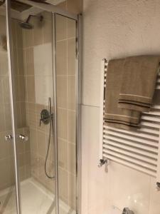a bathroom with a shower and a glass shower stall at Chalet Morge in La Salle