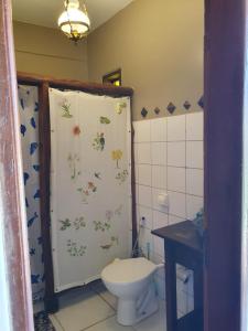 a bathroom with a toilet and a shower curtain with butterflies at Casa da Rua 1 - Cavalcante/GO in Cavalcante