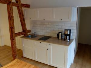 uma pequena cozinha com armários brancos e um lavatório em Altstadt Apartment Erfurt em Erfurt