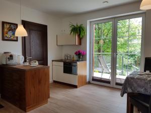 a kitchen with an open door to a patio at Pod Modrzewiami in Krynica Zdrój