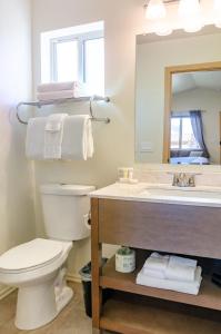bagno con servizi igienici, lavandino e specchio di Mountain Ridge Cabins & Lodging Between Bryce and Zion National Park a Hatch