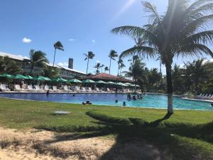 einen Pool mit einer Palme und Menschen darin in der Unterkunft Ancorar Flat Porto de Galinhas - Flat 1203-5205 in Porto De Galinhas