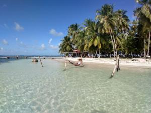 a beach with palm trees and a woman laying in the water at Private Room in San Blas Islands PLUS meals in Waisalatupo