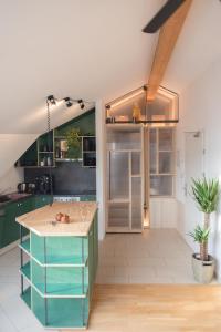 a kitchen with green cabinets and a counter top at Montagu Hostel in Innsbruck