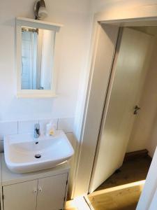ein Bad mit einem Waschbecken und einem Spiegel in der Unterkunft Ferienhaus Jehle Friedrichshafen in Friedrichshafen