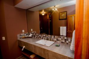a bathroom with a sink and a large mirror at Hotel Posada San Miguel in Jerez de García Salinas