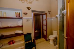 a small bathroom with a toilet and a shower at Hotel Posada San Miguel in Jerez de García Salinas +38 photos