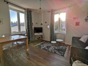 a living room with a couch and a table at Au Coeur des Rousses in Les Rousses