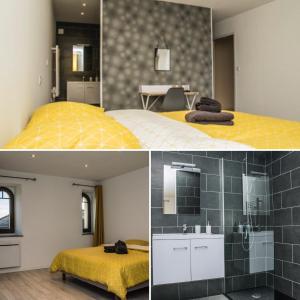 Duas fotografias de um quarto com uma cama e uma casa de banho em Le quai de St Pierre em Bar-sur-Aube