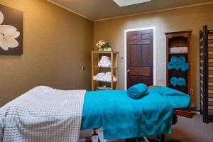 a hospital room with a bed with a blue blanket at On The Point - Lake Rotorua in Rotorua