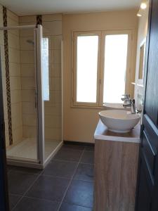 uma casa de banho com um lavatório e um chuveiro em Holiday Home Maison de l'Océan à Denneville em Denneville
