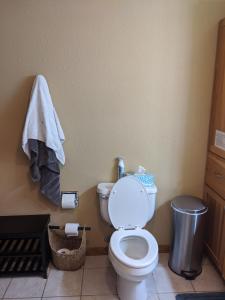 a bathroom with a toilet and a trash can at DIA BnB - We love workers in Brighton +11 photos