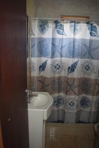 a bathroom with a sink and a shower curtain at Cabañas "Las Margaritas" in Ushuaia