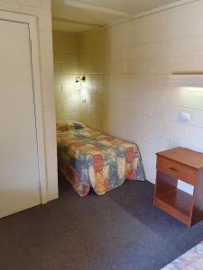 a small room with a bed and a table at Opal Inn Hotel, Motel, Caravan Park in Coober Pedy