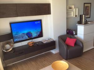 ein Wohnzimmer mit Flachbildfernseher und einem Sessel in der Unterkunft Quartier piscine municipale Bel Appart 4 pers terrasse parking wi-fi in Vence