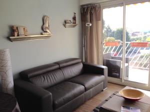 ein Wohnzimmer mit einem Ledersofa und einem Fenster in der Unterkunft Quartier piscine municipale Bel Appart 4 pers terrasse parking wi-fi in Vence + 15 Fotos