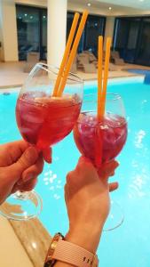 two people holding up two glasses with drinks at Hotel Rekic in Bihać