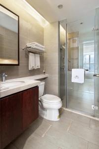 a bathroom with a toilet and a shower and a sink at Iccssi Villa Haitang Bay Sanya in Sanya