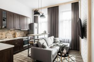 a living room with a couch and a kitchen at Black River Apartment in Czarny Dunajec