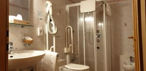 a bathroom with a shower and a toilet and a sink at Albergo Bernard in Canazei