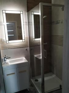 a bathroom with a shower and a sink at Apartament Przytulny Podolany in Poznań