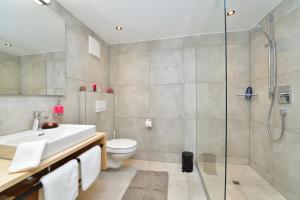 uma casa de banho com um chuveiro, um WC e um lavatório. em Ferienhof Sonne em Hittisau