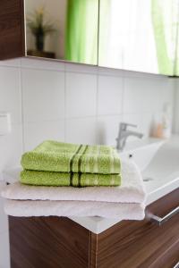 uma toalha verde sentada em cima de um lavatório de casa de banho em Wohnung am See em Steinbach am Attersee