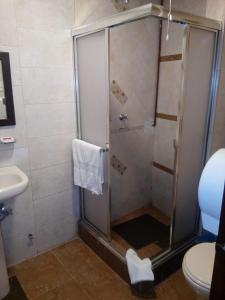 a bathroom with a shower with a sink and a toilet at Hotel Saint Thomas in Quito