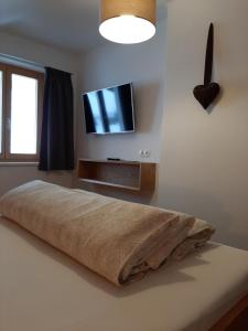 a large bed in a room with a flat screen tv at Ferienwohnung Schachner in Heiligenblut