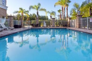 una piscina con recinzione e palme di Holiday Inn Daytona Beach LPGA Boulevard, an IHG Hotel a Daytona Beach