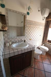 een badkamer met een wastafel, een toilet en een spiegel bij Casa Sa Carrubedda in SantʼAnna Arresi