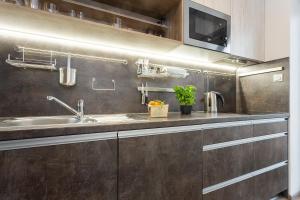 a stainless steel kitchen with a sink and a tv at Harfa Apartments in Prague