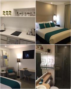 un collage de cuatro fotos de una habitación de hotel en Suite Ejecutiva Ardres Plaza, en Quito
