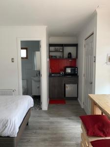 a bedroom with a bed and a kitchen at Rumbo Suites in Punta Arenas