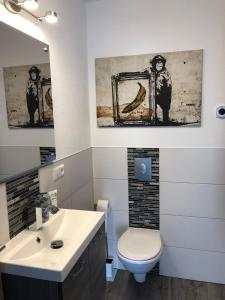 a bathroom with a toilet and a sink and a mirror at Loft Ferienwohnung Allgäu in Memmingen