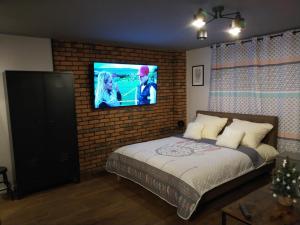 a bedroom with a bed and a tv on a brick wall at Apartament Wataha in Ustrzyki Dolne
