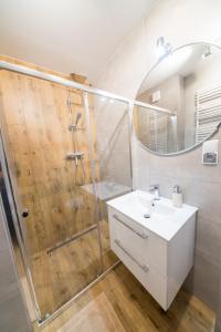 bagno con doccia, lavandino e specchio di Apartament Zaciszny a Szklarska Poręba