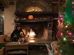 a man and a dog sitting in front of a fireplace at Les Artistes Inn in San Diego