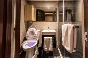 a small bathroom with a toilet and a sink at Alishan Shermuh Tourist Hotel in Zhongzheng