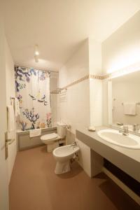 La salle de bains est pourvue de toilettes, d'un lavabo et d'une douche. dans l'établissement Logis Hôtel L'Auzeraie, à Ax-les-Thermes