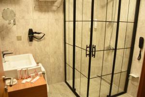 een douche met een glazen deur in een badkamer bij AK LİFE HOTEL&SUIT in Ankara +32 foto's