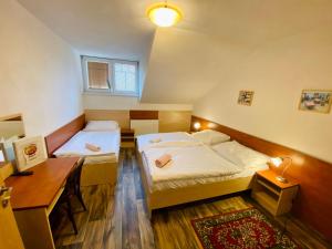 two beds in a small room with a desk and a desk at Hotel Restaurant Svejk in Bublava