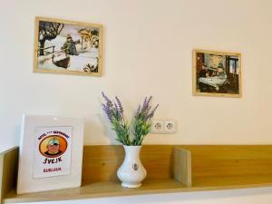 布布拉瓦的住宿－斯維克餐廳酒店，书和书架上的花瓶,带盒子