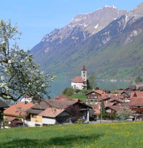 un villaggio con una chiesa, un lago e montagne di Bellerive a Brienz