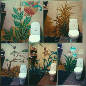 a collage of four pictures of a bathroom with toilets at Saikaew Resort in Chiang Rai