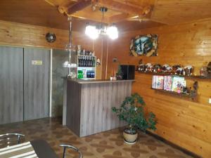 a bar in a restaurant with wooden walls at Yeva in Mykulychyn