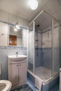 ein Badezimmer mit Dusche und Waschbecken in der Unterkunft Pokoje Gościnne Pod Lipą in Zakopane + 55 Fotos