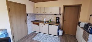 uma pequena cozinha com um lavatório e uma porta em Haus Anton em Zwiesel